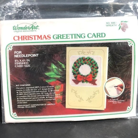 Vintage Needlepoint Christmas greeting card kit, needlepoint christmas wreath - Picture 1 of 6